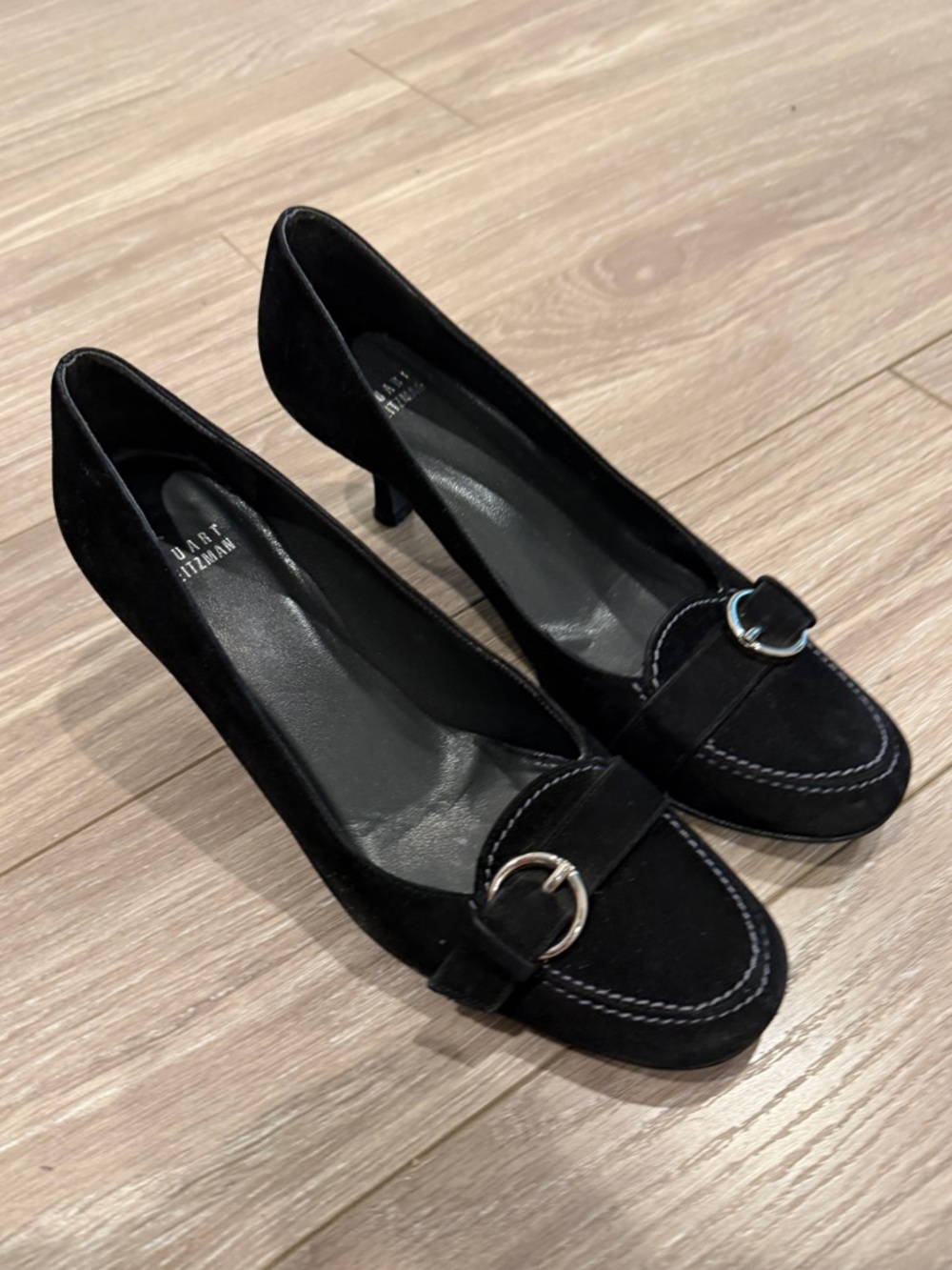 Stuart Weitzman Black Suede Kitten Heel Loafers with Silver Buckle